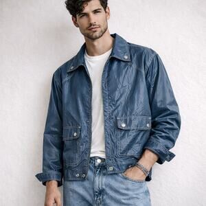 Vintage Kmart Nylon Windbreaker Jacket Mens 90s Boxy Moto Oversized Blue Medium